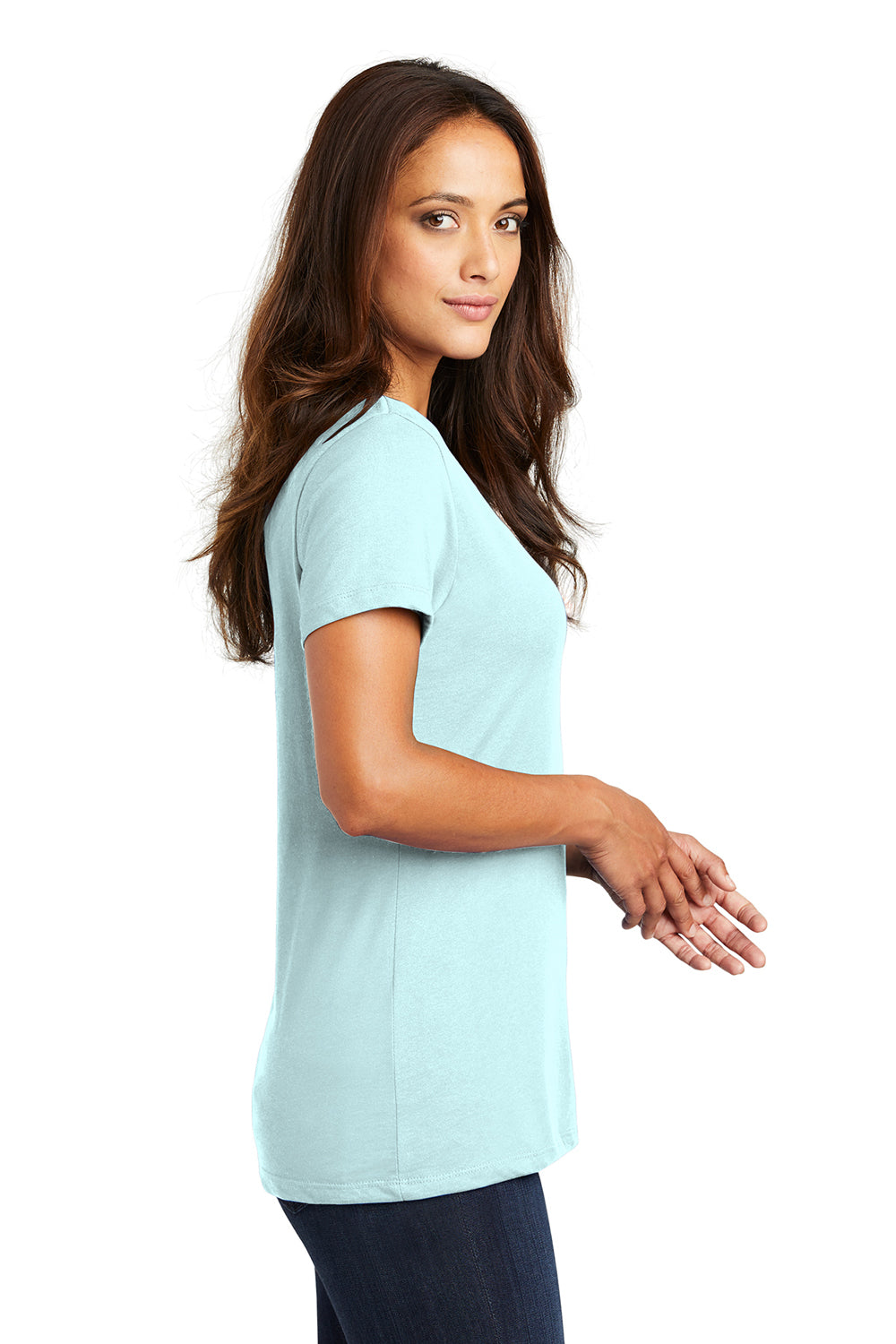 District DM1170L Womens Perfect Weight Short Sleeve V-Neck T-Shirt Seaglass Blue Model Side