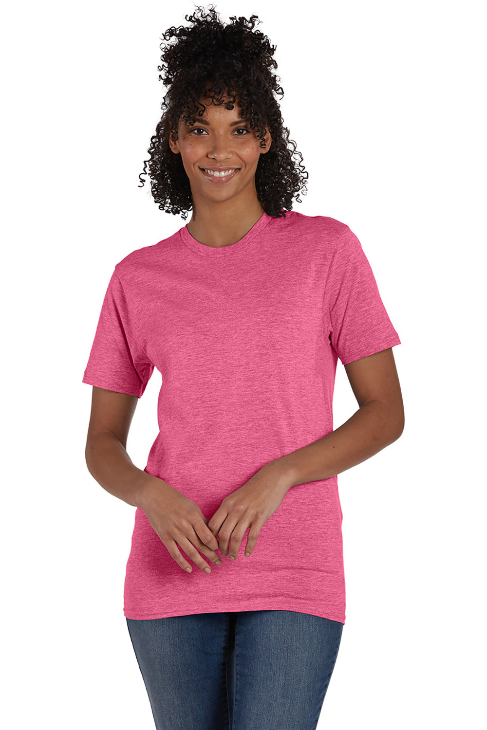 Hanes 4980 Mens Nano-T Short Sleeve Crewneck T-Shirt Heather Wow Pink Model Front