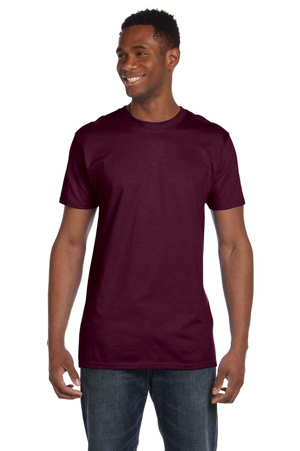 Hanes 4980 Mens Nano-T Short Sleeve Crewneck T-Shirt Maroon Model Front