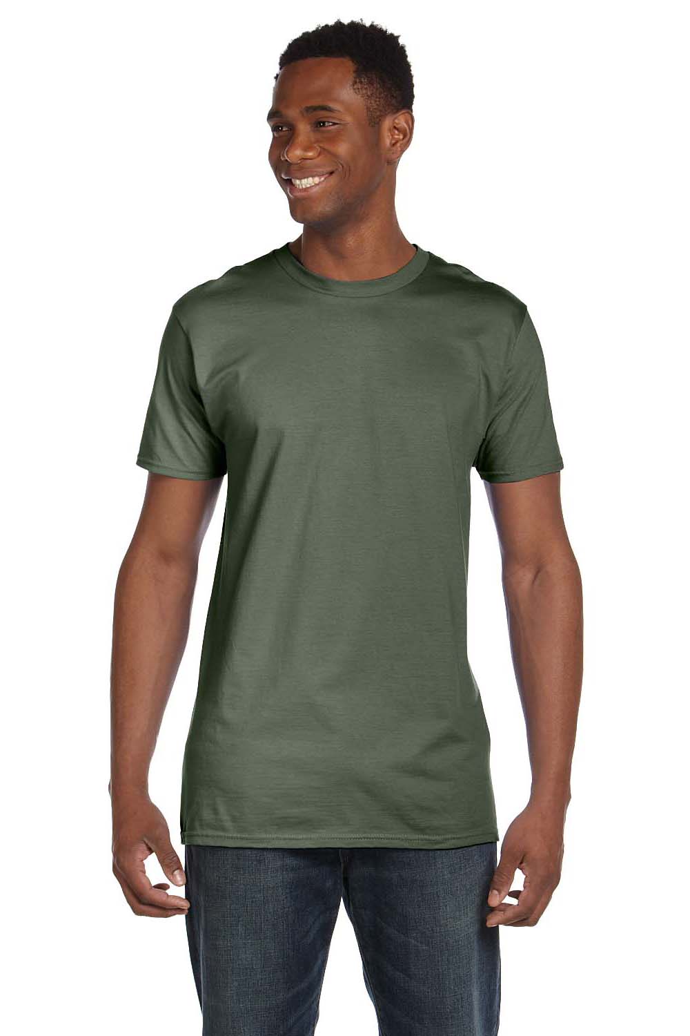 Hanes 4980 Mens Nano-T Short Sleeve Crewneck T-Shirt Fatigue Green Model Front