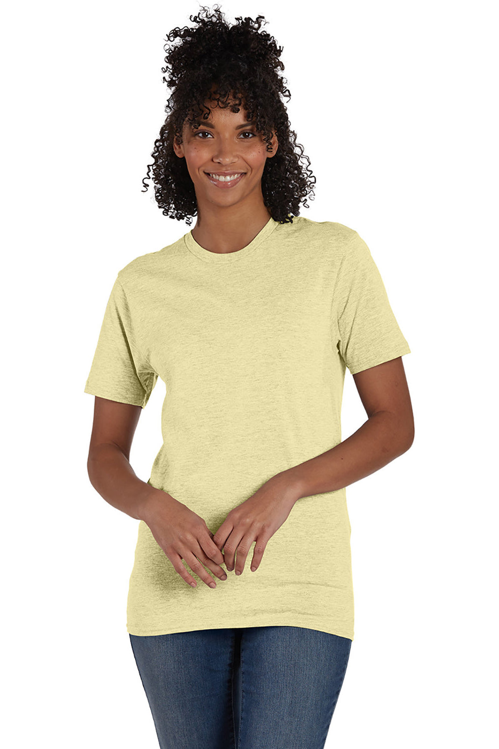 Hanes 4980 Mens Nano-T Short Sleeve Crewneck T-Shirt Heather Lemon Meringue Yellow Model Front