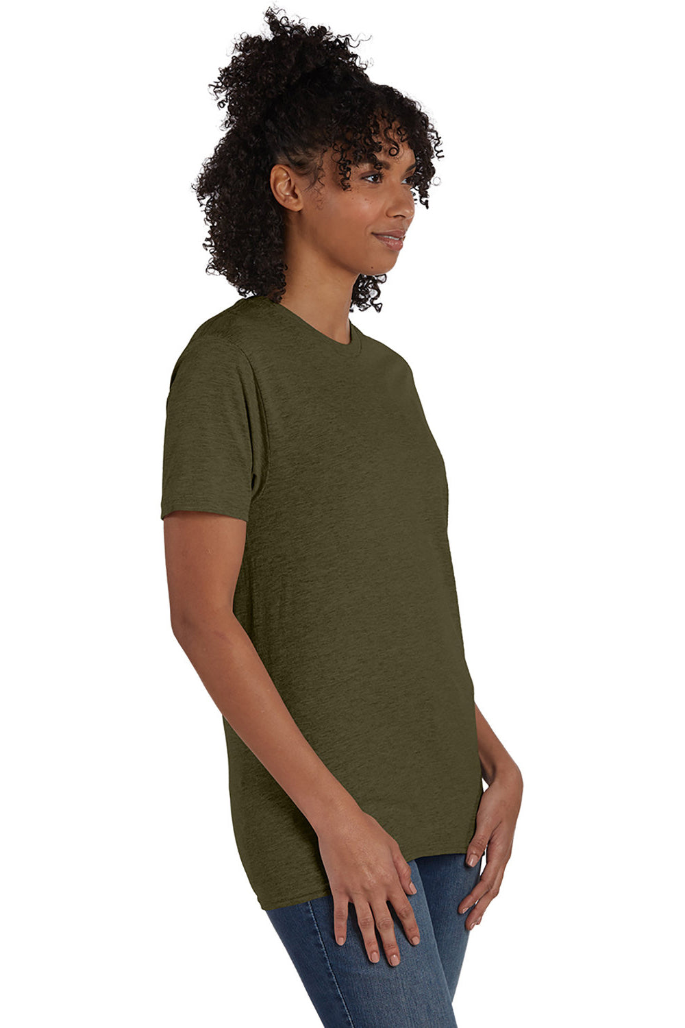 Hanes 4980 Mens Nano-T Short Sleeve Crewneck T-Shirt Heather Military Green Model 3Q