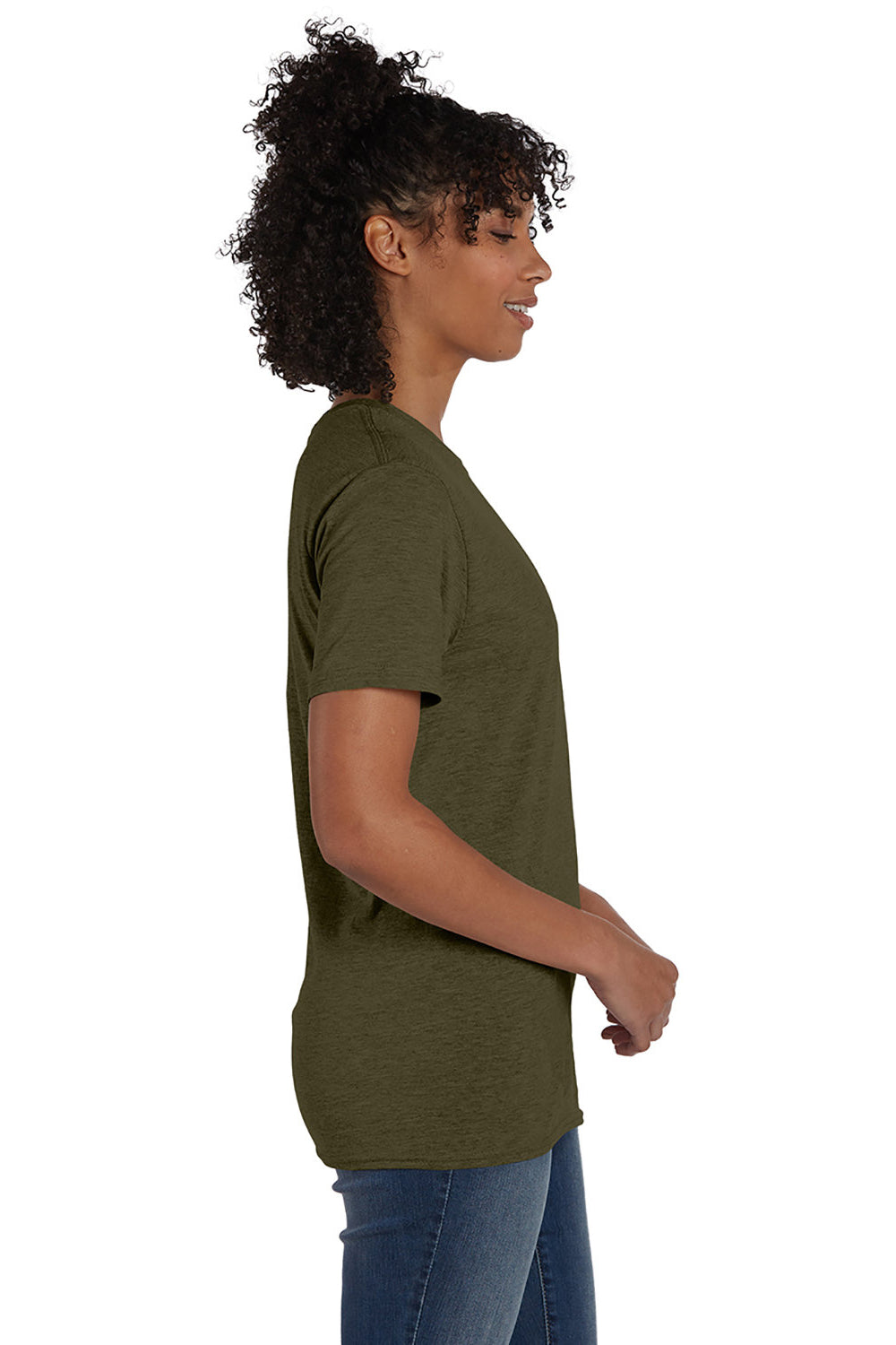 Hanes 4980 Mens Nano-T Short Sleeve Crewneck T-Shirt Heather Military Green Model Side