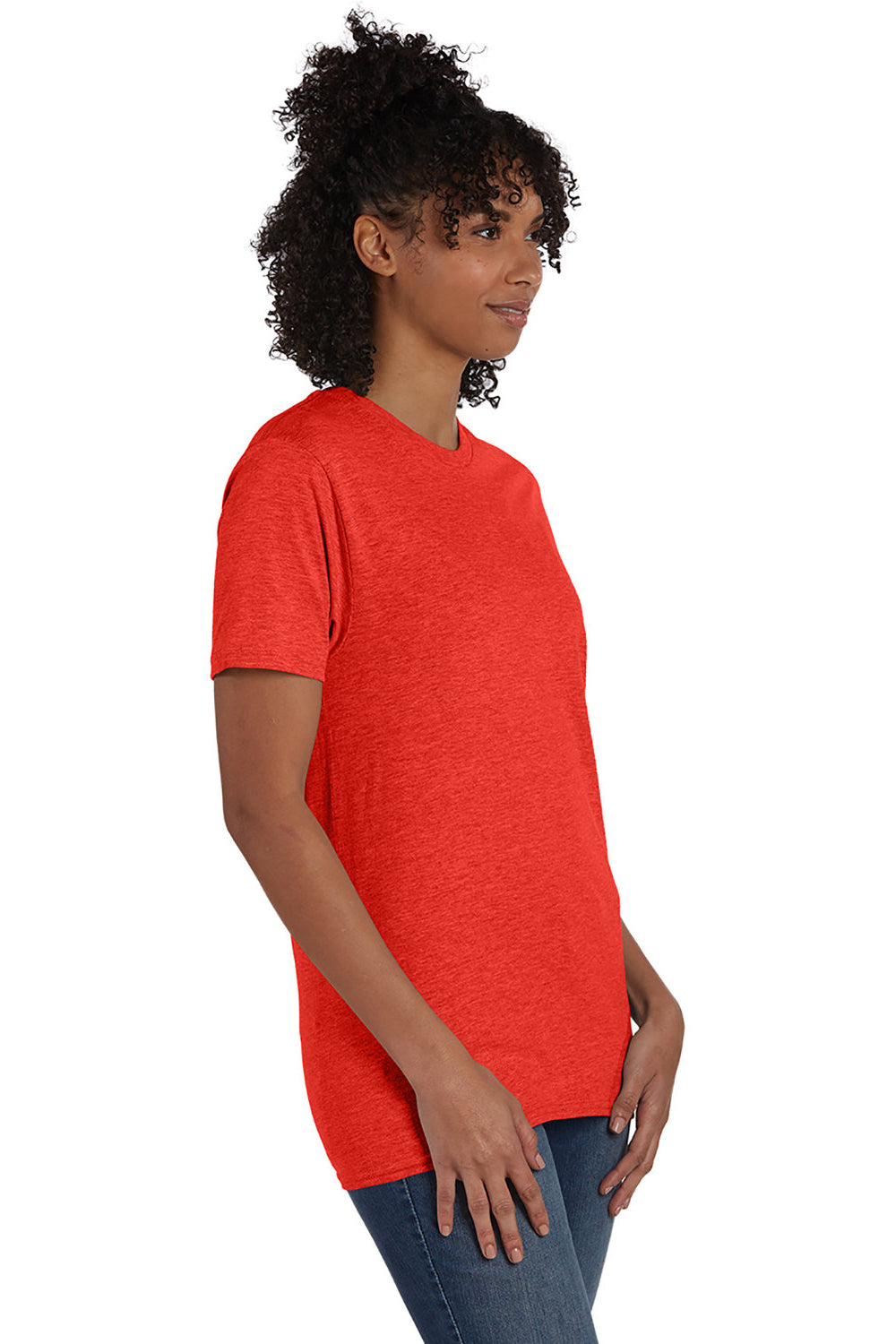 Hanes 4980 Mens Nano-T Short Sleeve Crewneck T-Shirt Heather Poppy Red Model 3Q