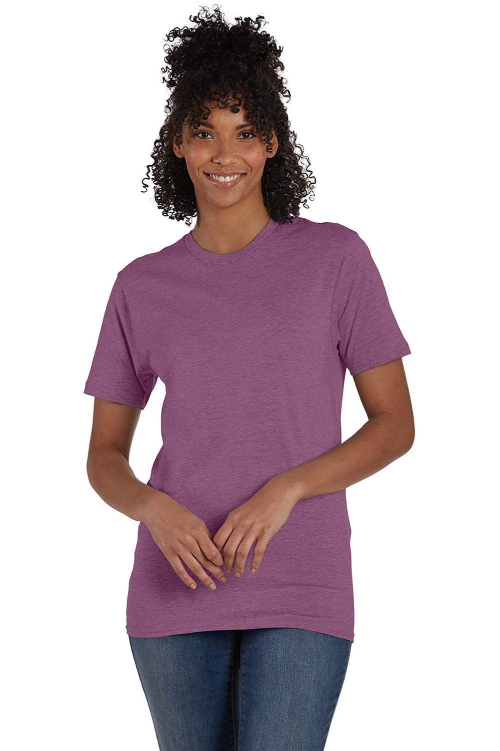 Hanes 4980 Mens Nano-T Short Sleeve Crewneck T-Shirt Heather Purple Rain Model Front