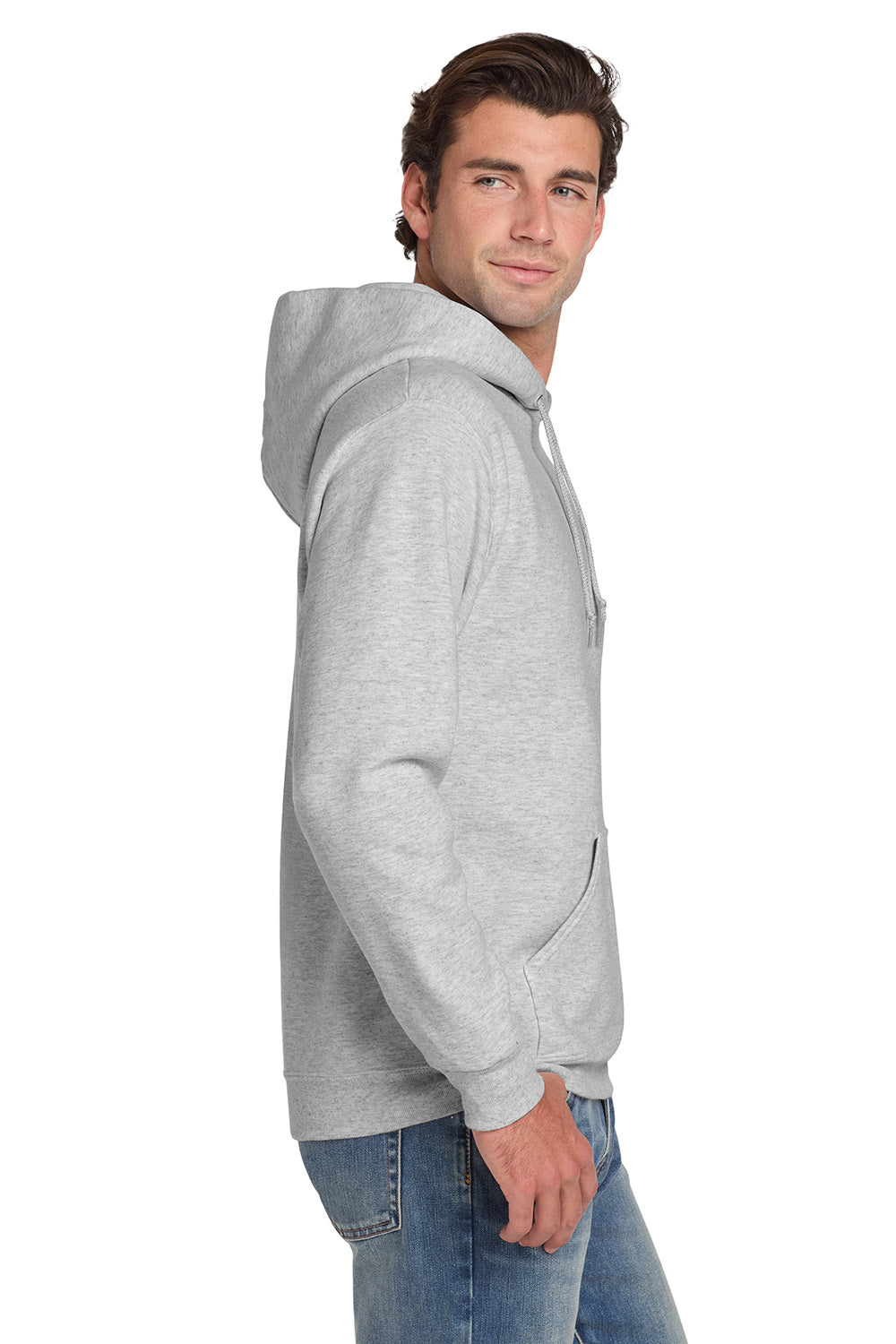 Jerzees 4997M/4997/4997MR Mens Super Sweats NuBlend Pill Resistant Fleece Hooded Sweatshirt Hoodie w/ Pouch Pocket Ash Grey Model Side