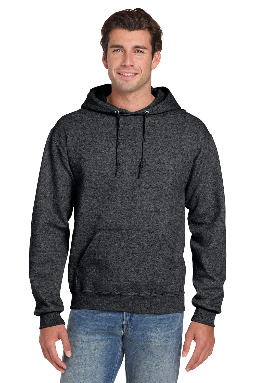 Jerzees 4997M/4997/4997MR Mens Super Sweats NuBlend Pill Resistant Fleece Hooded Sweatshirt Hoodie w/ Pouch Pocket Heather Black Model Front