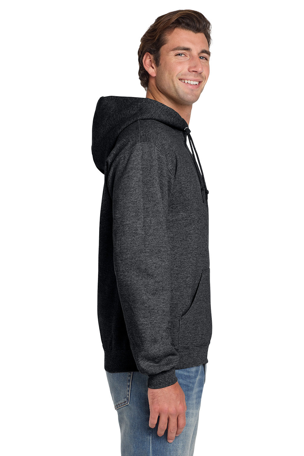 Jerzees 4997M/4997/4997MR Mens Super Sweats NuBlend Pill Resistant Fleece Hooded Sweatshirt Hoodie w/ Pouch Pocket Heather Black Model Side