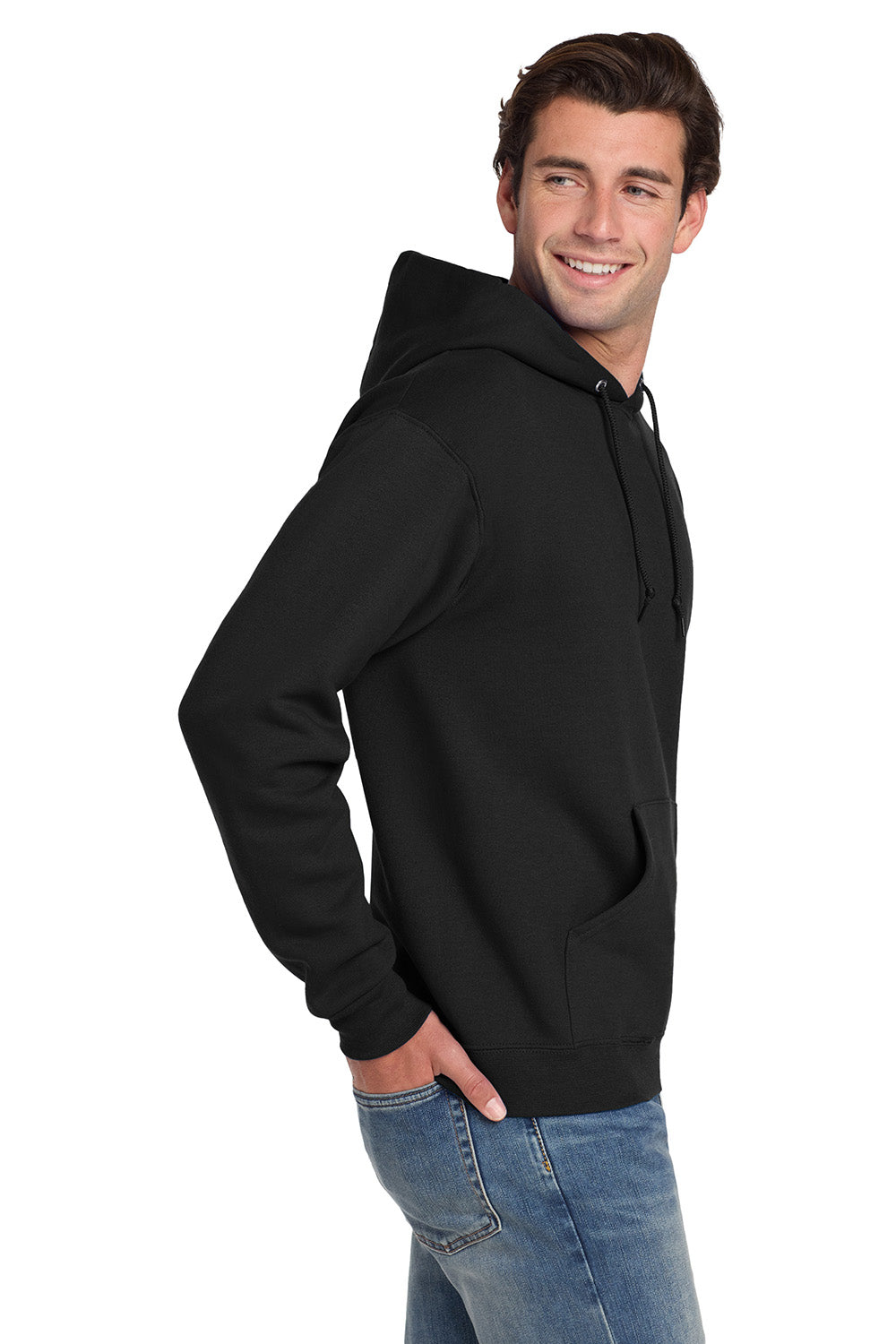 Jerzees 4997M/4997/4997MR Mens Super Sweats NuBlend Pill Resistant Fleece Hooded Sweatshirt Hoodie w/ Pouch Pocket Black Model Side