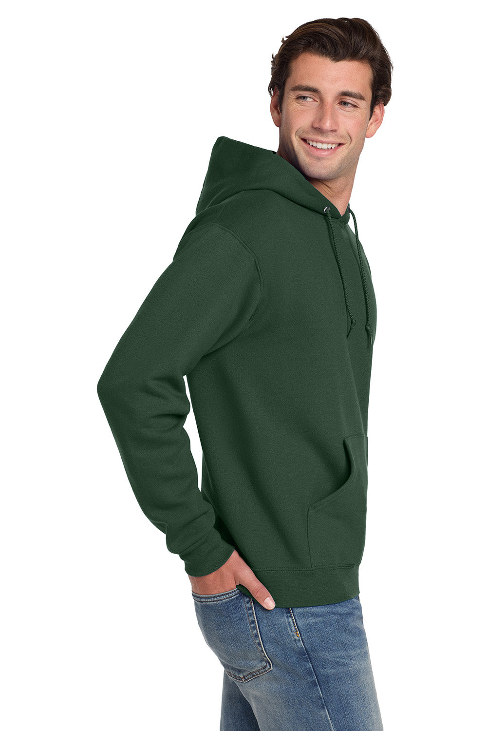 Jerzees 4997M/4997/4997MR Mens Super Sweats NuBlend Pill Resistant Fleece Hooded Sweatshirt Hoodie w/ Pouch Pocket Forest Green Model Side