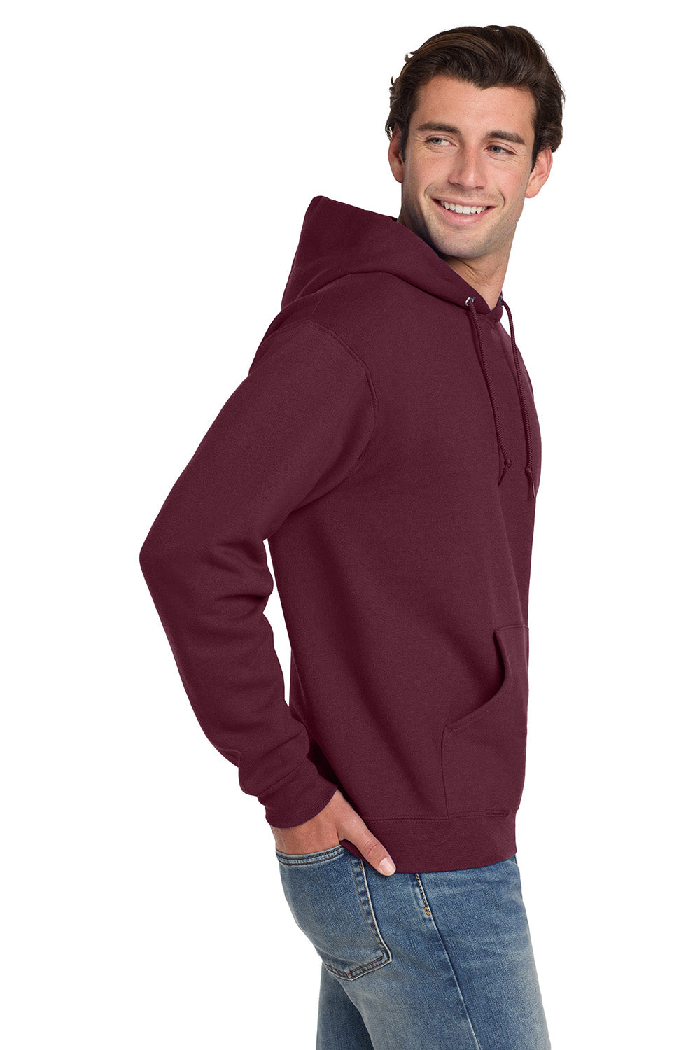 Jerzees 4997M/4997/4997MR Mens Super Sweats NuBlend Pill Resistant Fleece Hooded Sweatshirt Hoodie w/ Pouch Pocket Maroon Model Side