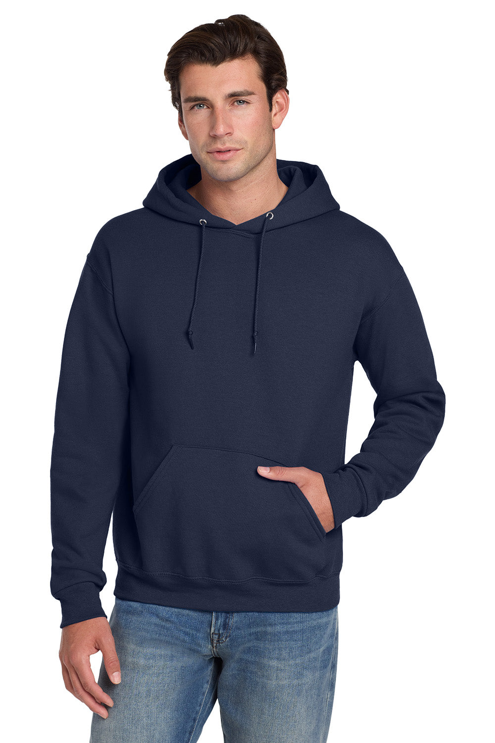 Jerzees 4997M/4997/4997MR Mens Super Sweats NuBlend Pill Resistant Fleece Hooded Sweatshirt Hoodie w/ Pouch Pocket Navy Blue Model Front