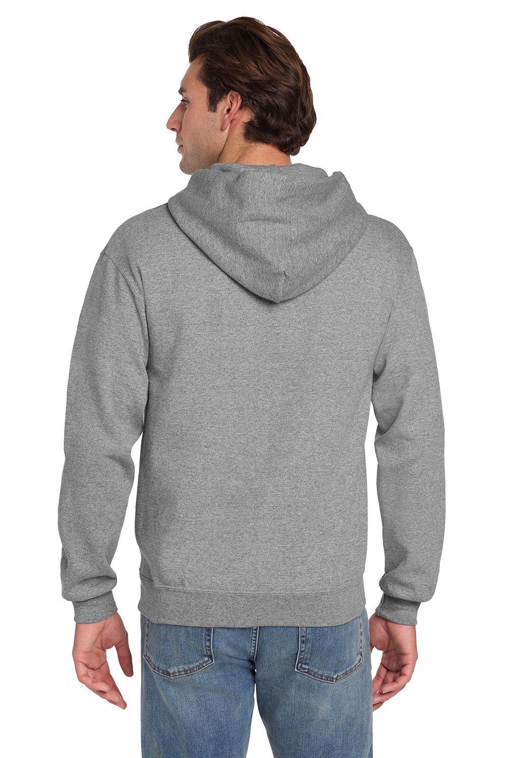 Jerzees 4997M/4997/4997MR Mens Super Sweats NuBlend Pill Resistant Fleece Hooded Sweatshirt Hoodie w/ Pouch Pocket Oxford Grey Model Back