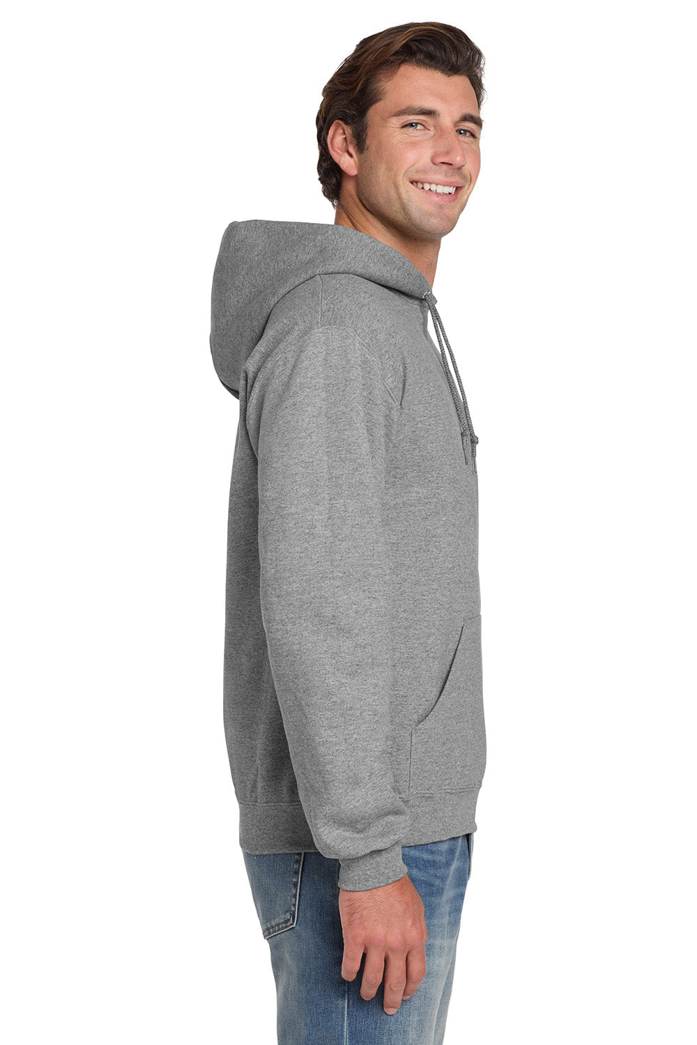 Jerzees 4997M/4997/4997MR Mens Super Sweats NuBlend Pill Resistant Fleece Hooded Sweatshirt Hoodie w/ Pouch Pocket Oxford Grey Model Side