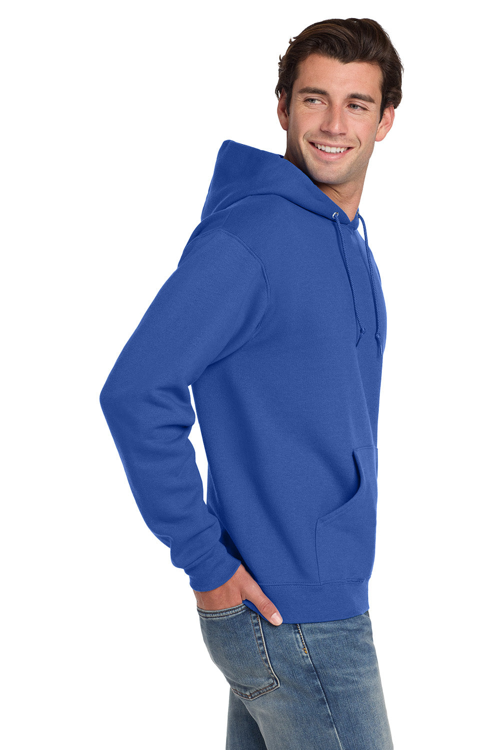 Jerzees 4997M/4997/4997MR Mens Super Sweats NuBlend Pill Resistant Fleece Hooded Sweatshirt Hoodie w/ Pouch Pocket Royal Blue Model Side