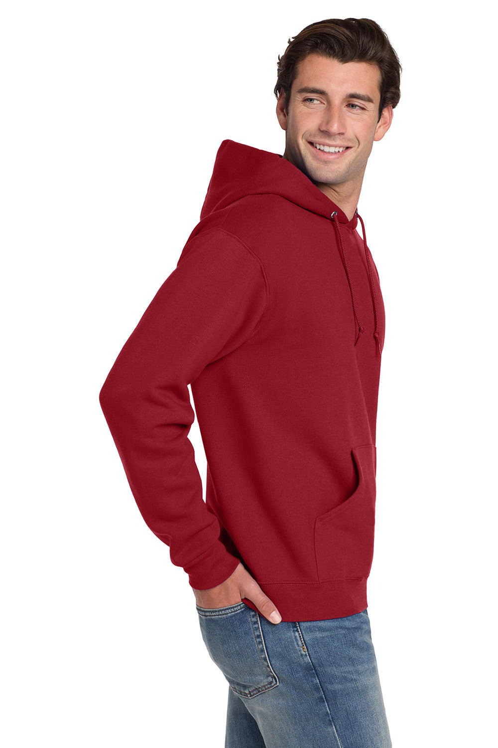 Jerzees 4997M/4997/4997MR Mens Super Sweats NuBlend Pill Resistant Fleece Hooded Sweatshirt Hoodie w/ Pouch Pocket True Red Model Side