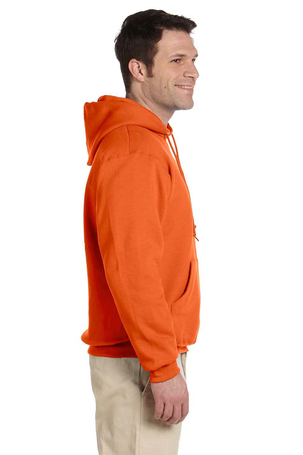 Jerzees 4997M/4997/4997MR Mens Super Sweats NuBlend Pill Resistant Fleece Hooded Sweatshirt Hoodie w/ Pouch Pocket Safety Orange Model Side