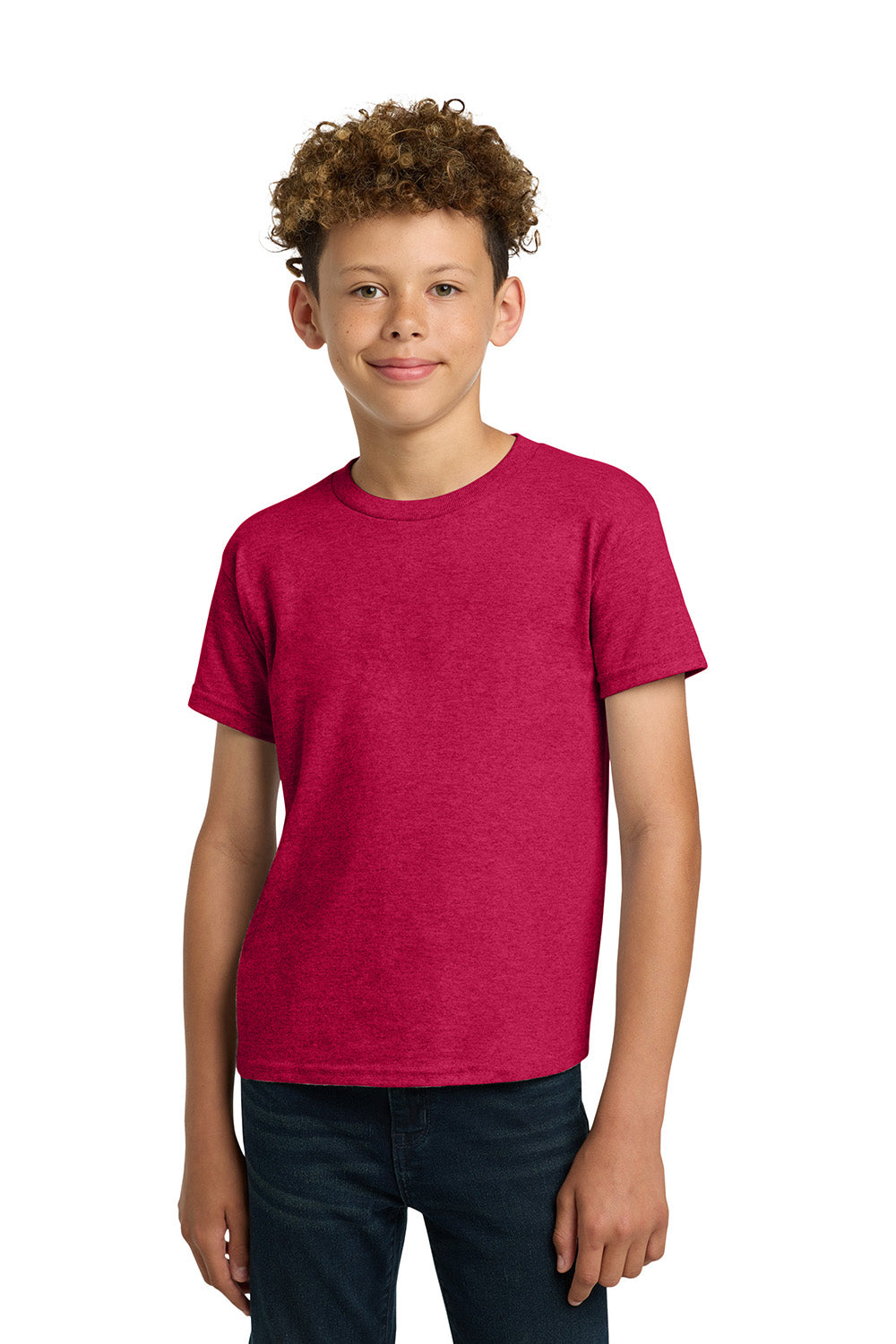 Gildan 5000B/G500B Youth Short Sleeve Crewneck T-Shirt Heather Red Model Front