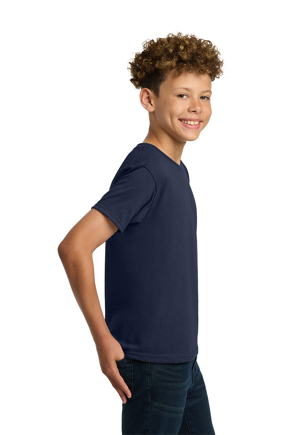 Gildan 5000B/G500B Youth Short Sleeve Crewneck T-Shirt Navy Blue Model Side