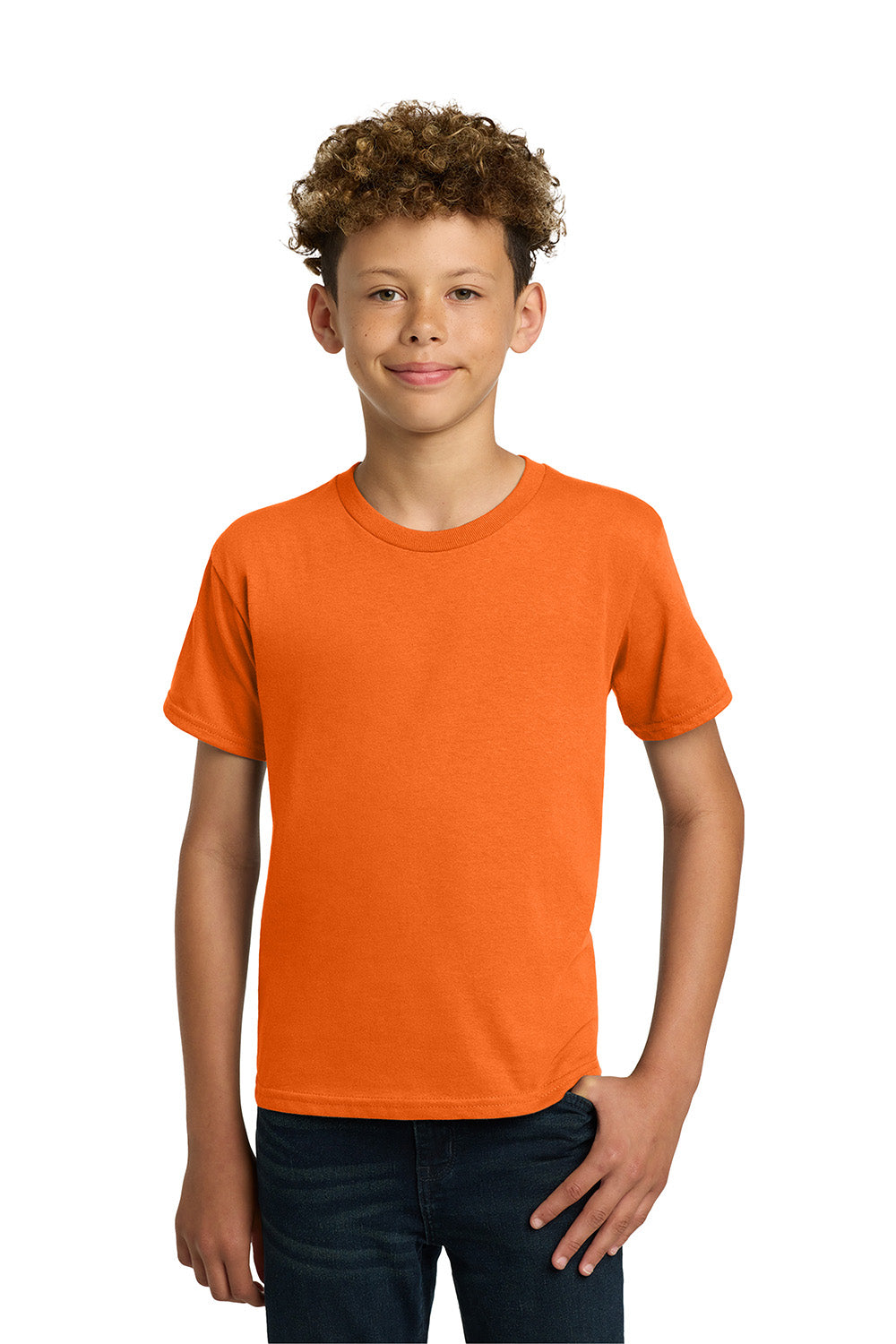 Gildan 5000B/G500B Youth Short Sleeve Crewneck T-Shirt Safety Orange Model Front