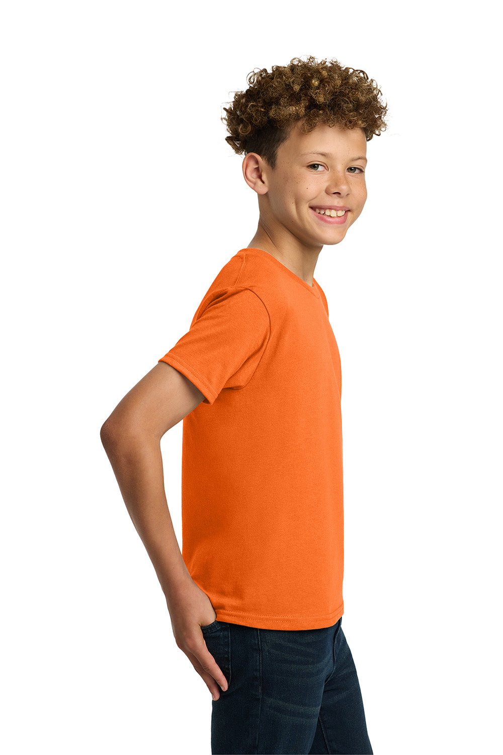 Gildan 5000B/G500B Youth Short Sleeve Crewneck T-Shirt Safety Orange Model Side