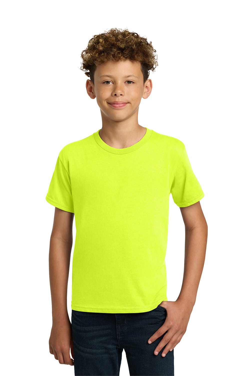 Gildan 5000B/G500B Youth Short Sleeve Crewneck T-Shirt Safety Green Model Front