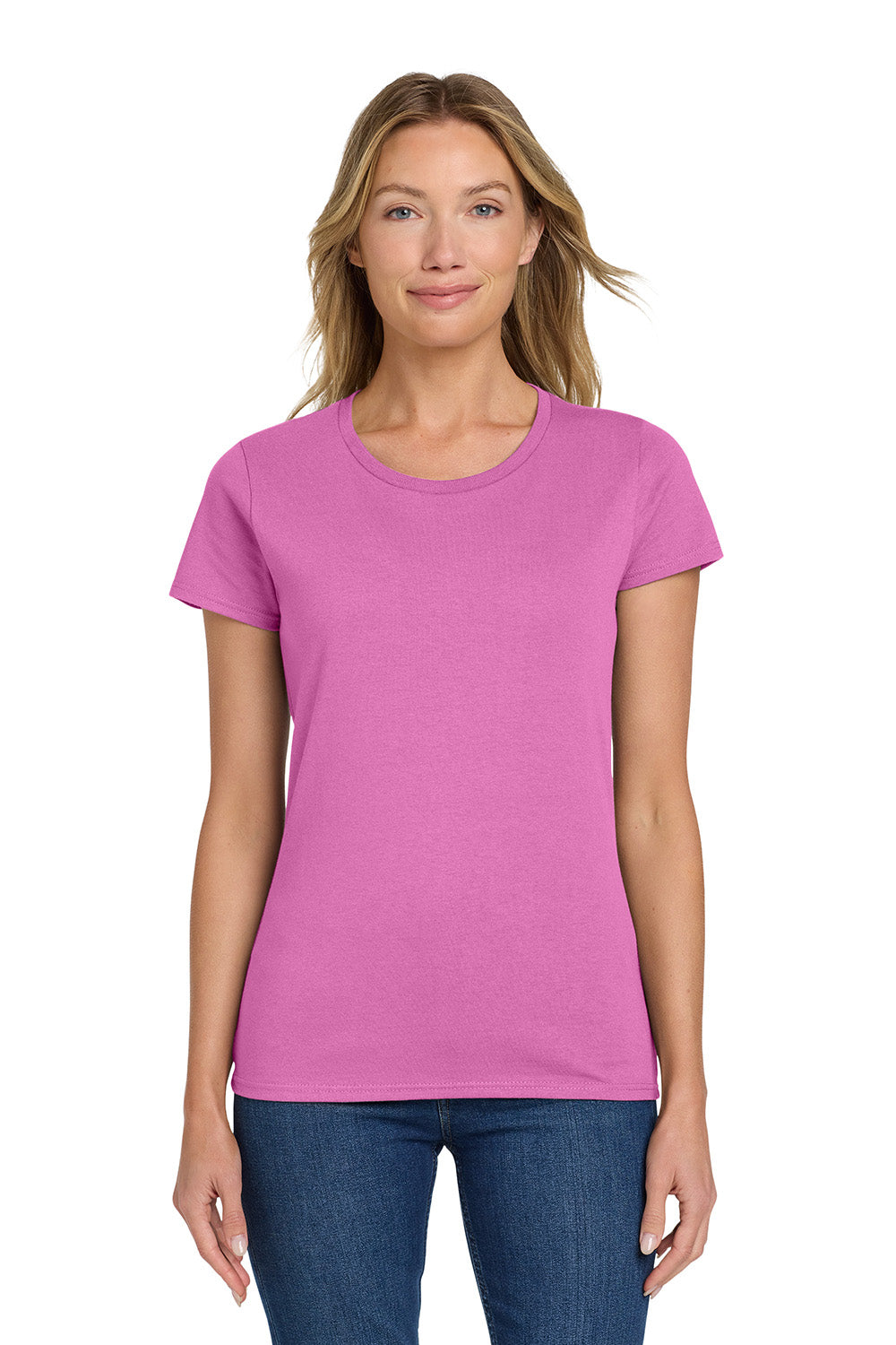 Gildan 5000L/G500L Womens Short Sleeve Crewneck T-Shirt Azalea Pink Model Front