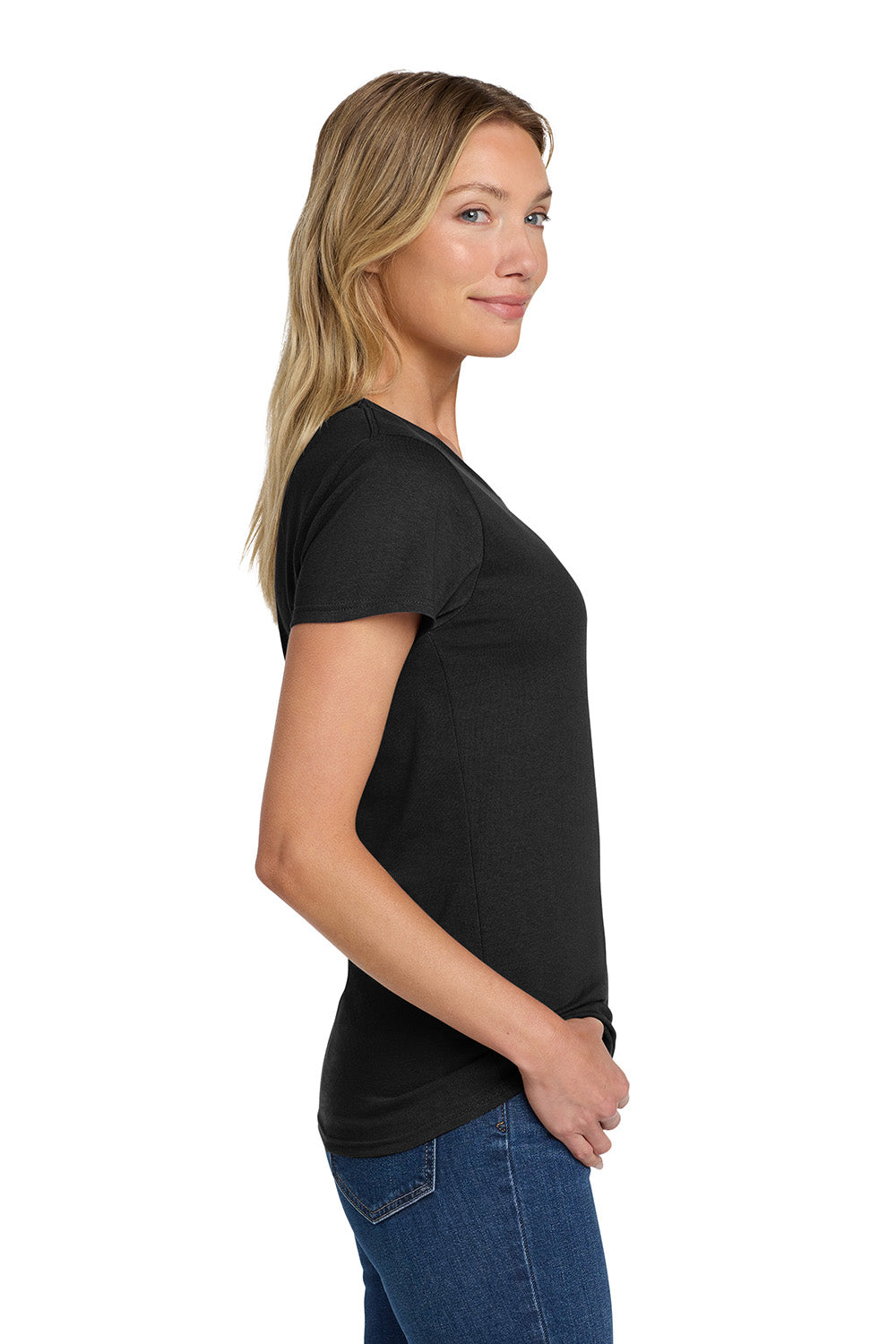 Gildan 5000L/G500L Womens Short Sleeve Crewneck T-Shirt Black Model Side