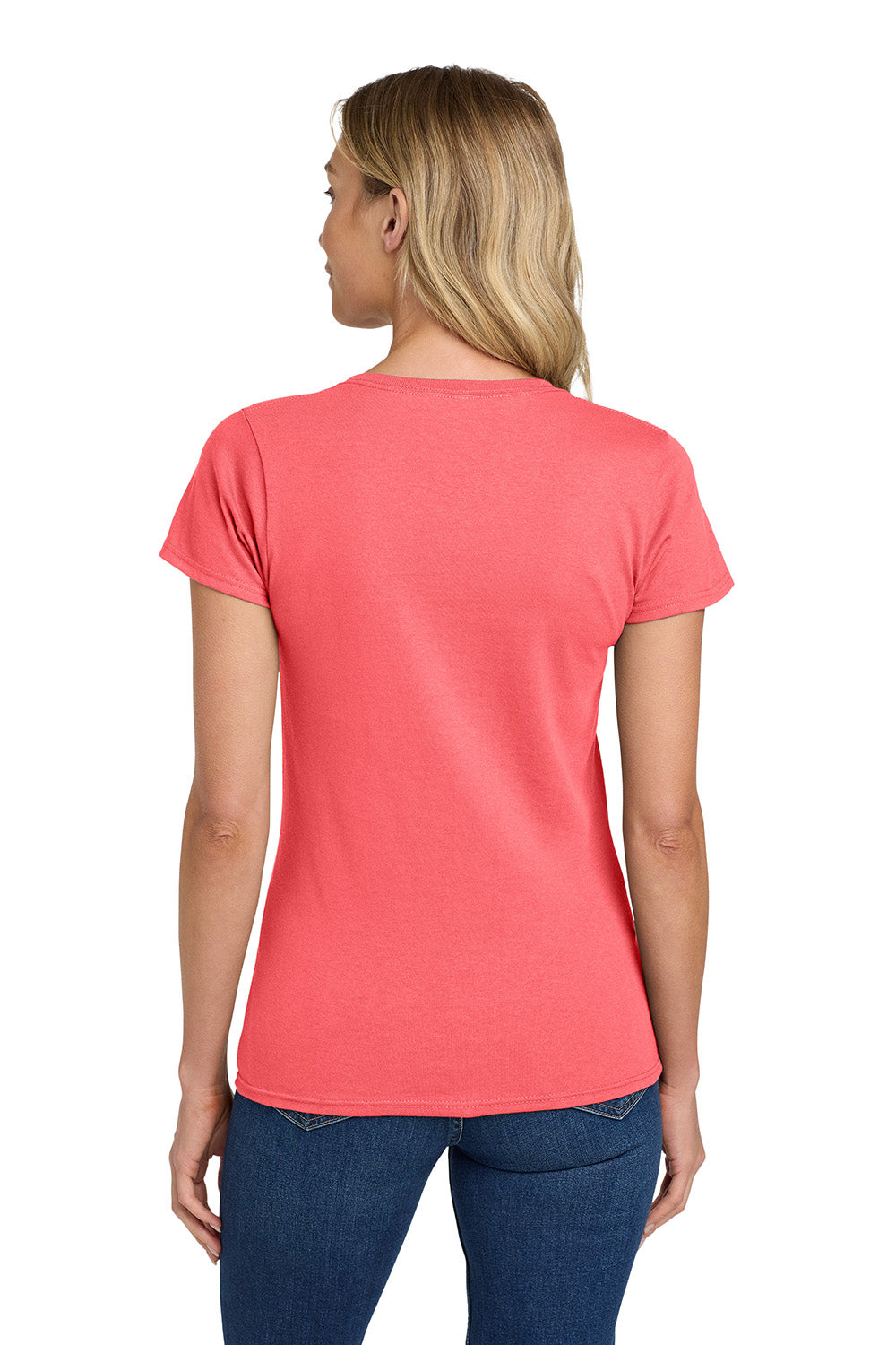 Gildan 5000L/G500L Womens Short Sleeve Crewneck T-Shirt Coral Silk Model Back