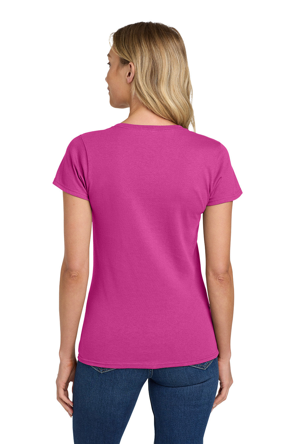 Gildan 5000L/G500L Womens Short Sleeve Crewneck T-Shirt Heliconia Pink Model Back