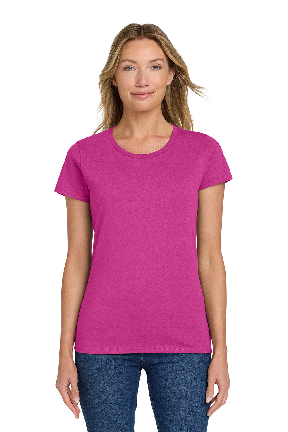 Gildan 5000L/G500L Womens Short Sleeve Crewneck T-Shirt Heliconia Pink Model Front