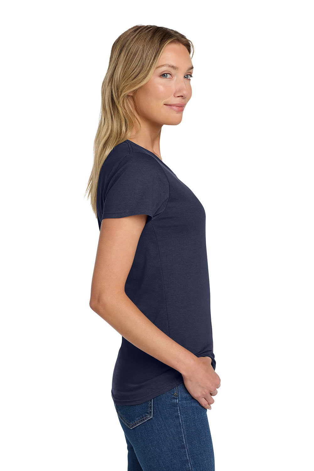 Gildan 5000L/G500L Womens Short Sleeve Crewneck T-Shirt Navy Blue Model Side