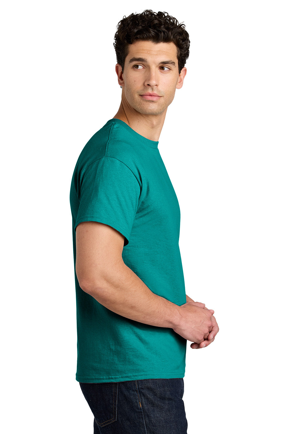 Gildan 5000/G500 Mens Short Sleeve Crewneck T-Shirt Antique Jade Dome Green Model Side