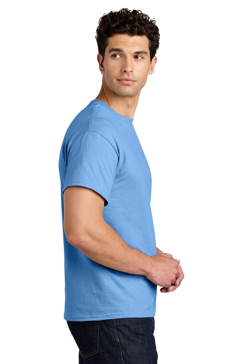 Gildan 5000/G500 Mens Short Sleeve Crewneck T-Shirt Carolina Blue Model Side