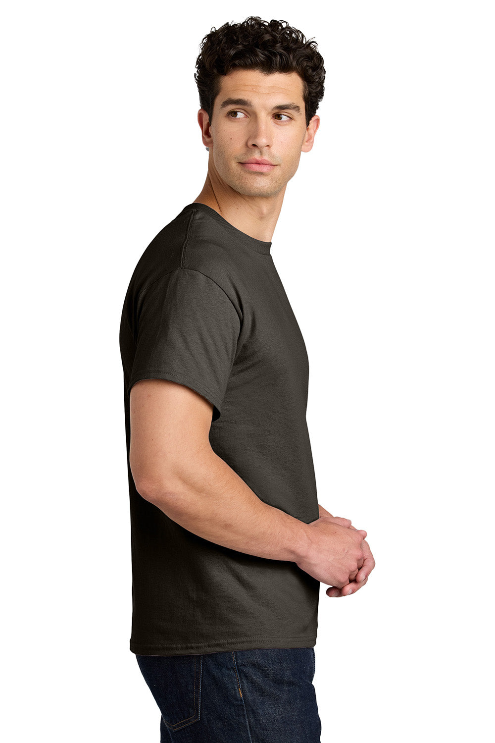 Gildan 5000/G500 Mens Short Sleeve Crewneck T-Shirt Dark Chocolate Brown Model Side