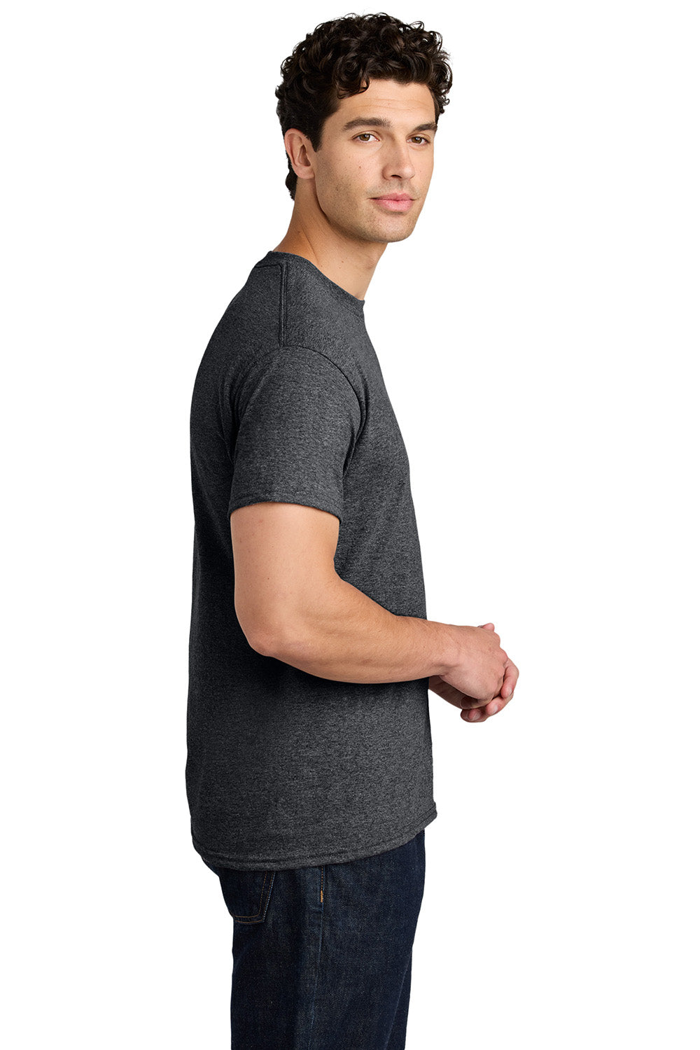 Gildan 5000/G500 Mens Short Sleeve Crewneck T-Shirt Heather Dark Grey Model Side