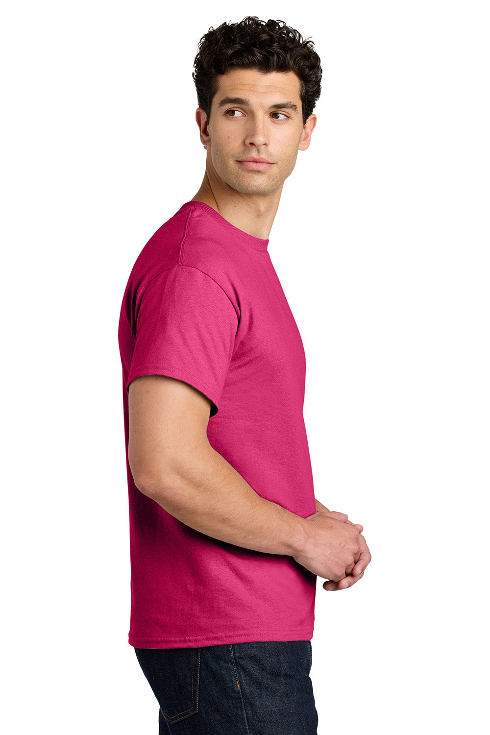 Gildan 5000/G500 Mens Short Sleeve Crewneck T-Shirt Heliconia Pink Model Side