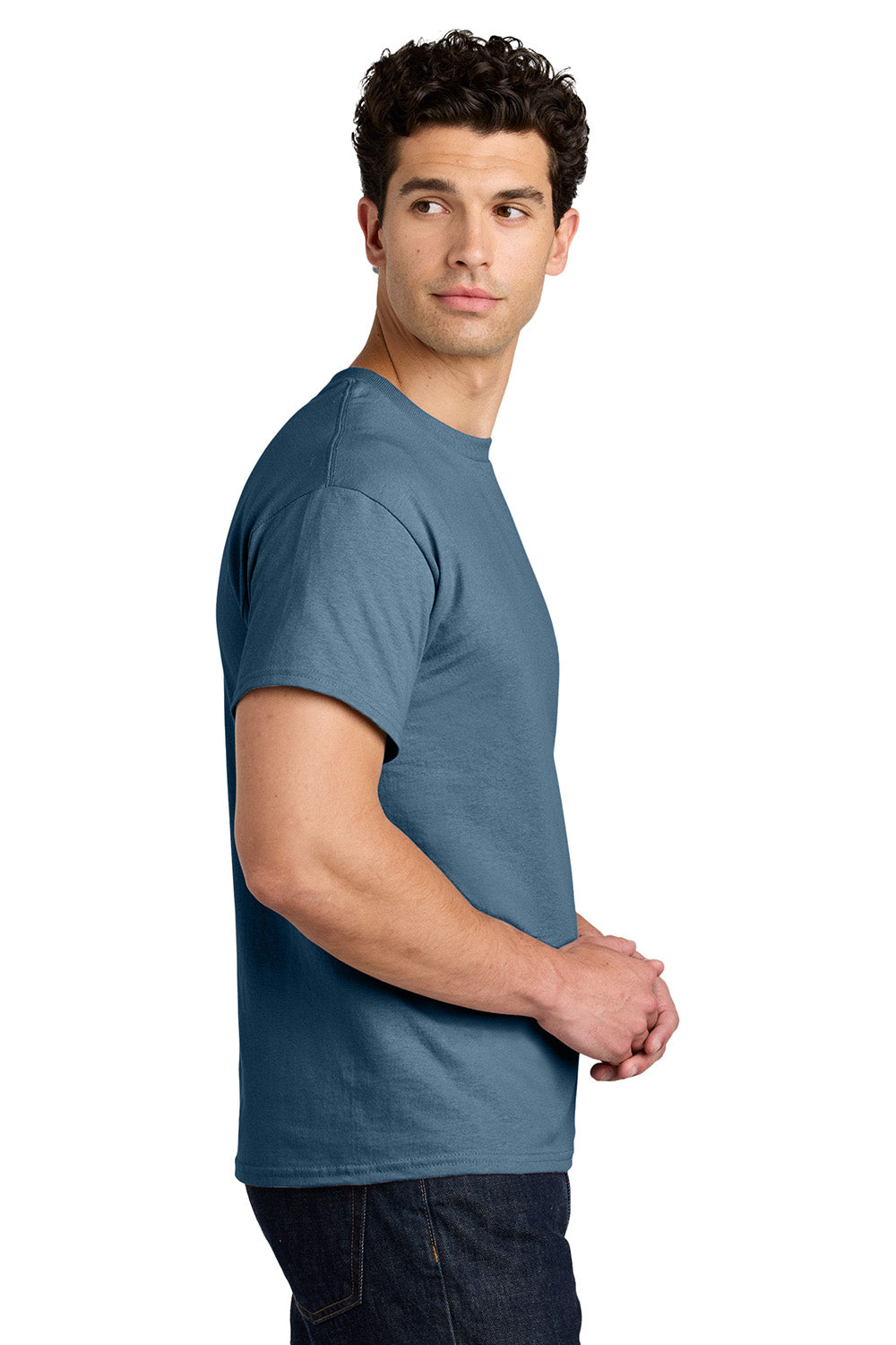 Gildan 5000/G500 Mens Short Sleeve Crewneck T-Shirt Indigo Blue Model Side