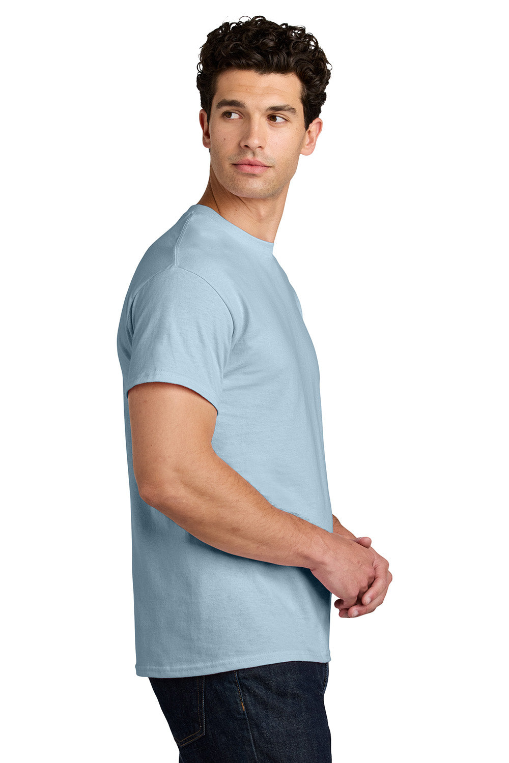 Gildan 5000/G500 Mens Short Sleeve Crewneck T-Shirt Light Blue Model Side