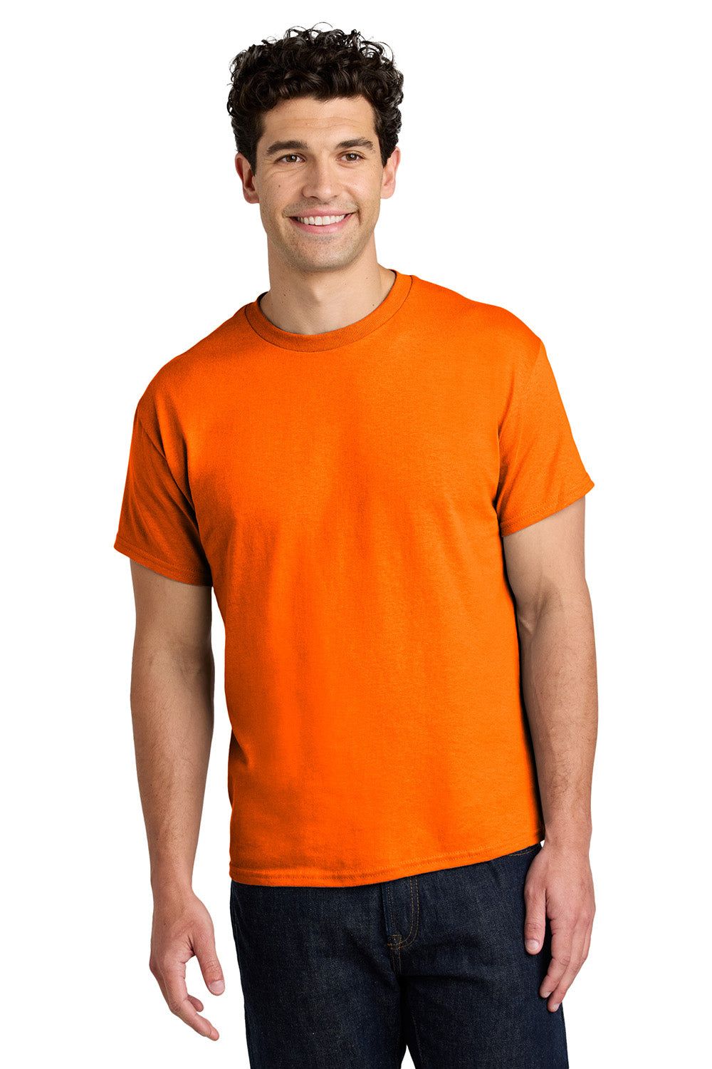 Gildan 5000/G500 Mens Short Sleeve Crewneck T-Shirt Safety Orange Model Front