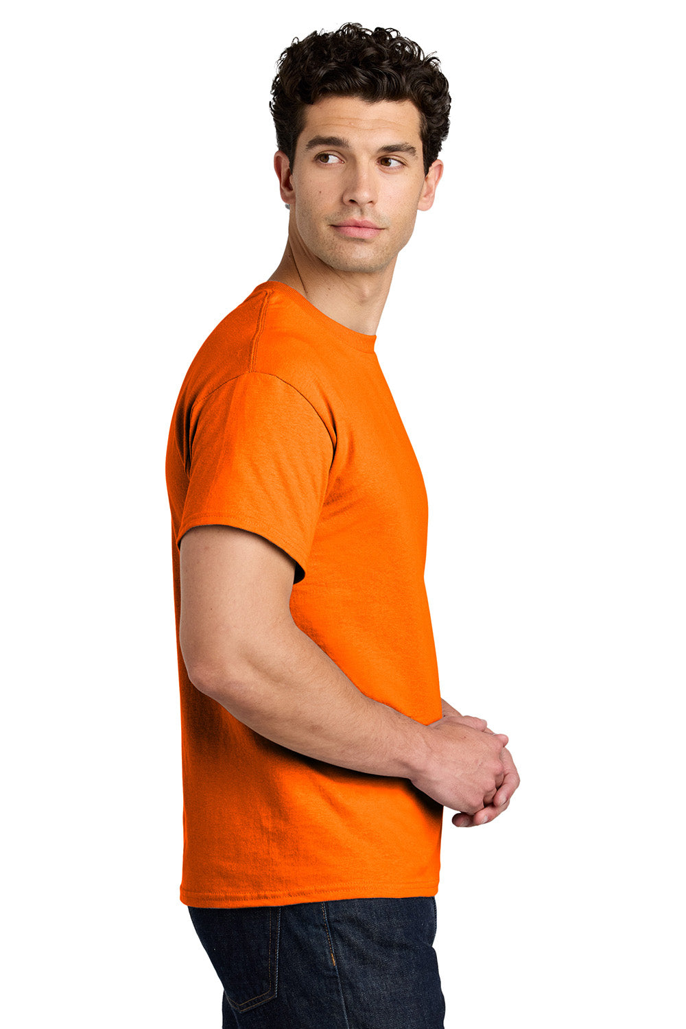 Gildan 5000/G500 Mens Short Sleeve Crewneck T-Shirt Safety Orange Model Side