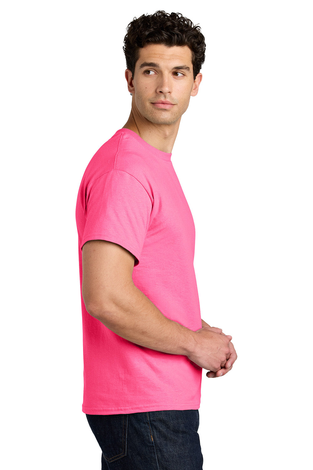 Gildan 5000/G500 Mens Short Sleeve Crewneck T-Shirt Safety Pink Model Side