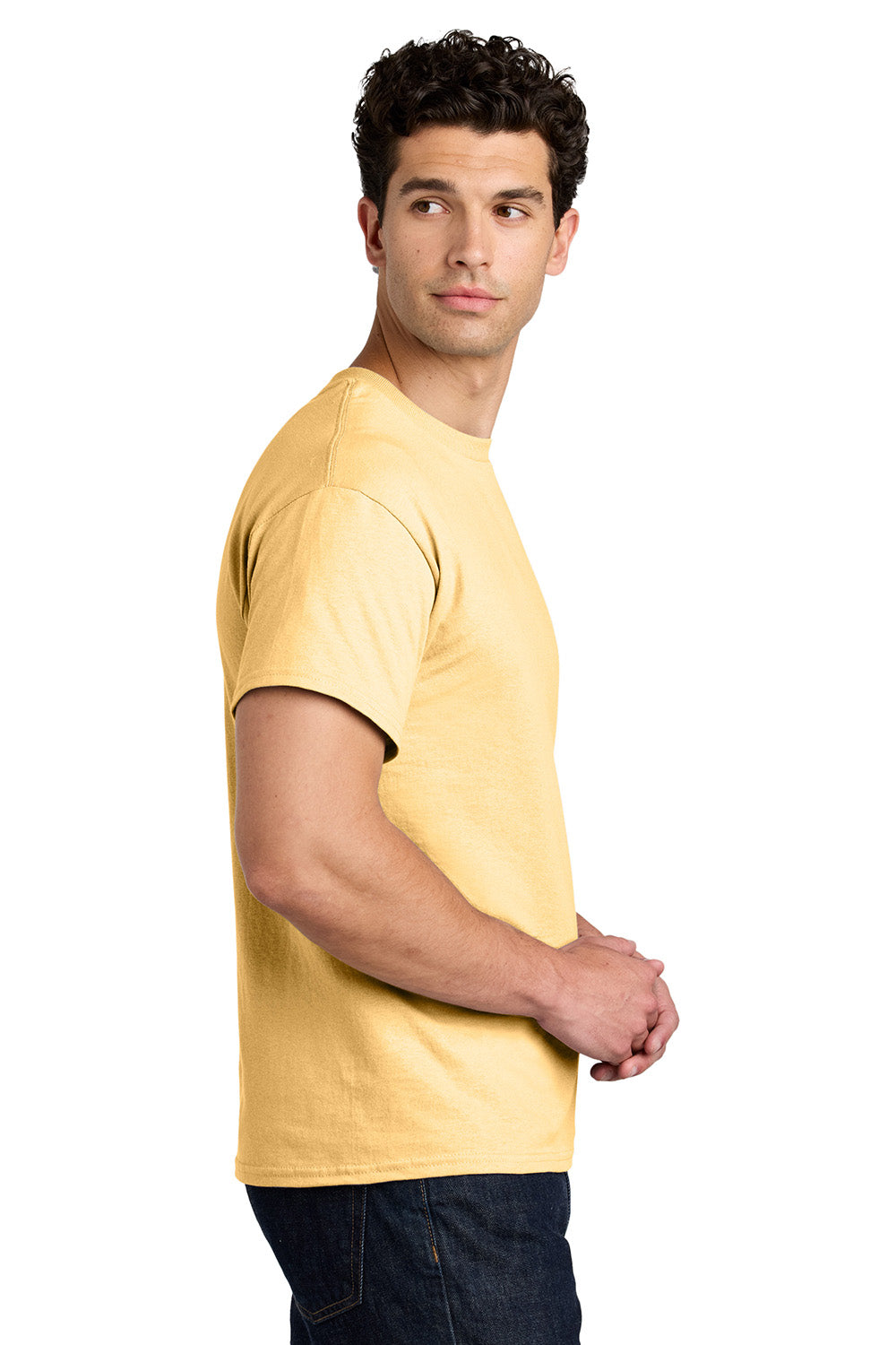 Gildan 5000/G500 Mens Short Sleeve Crewneck T-Shirt Yellow Haze Model Side