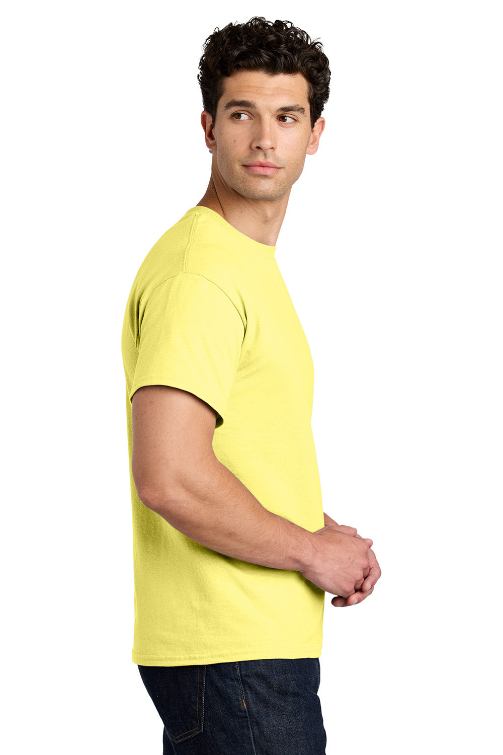 Gildan 5000/G500 Mens Short Sleeve Crewneck T-Shirt Cornsilk Yellow Model Side