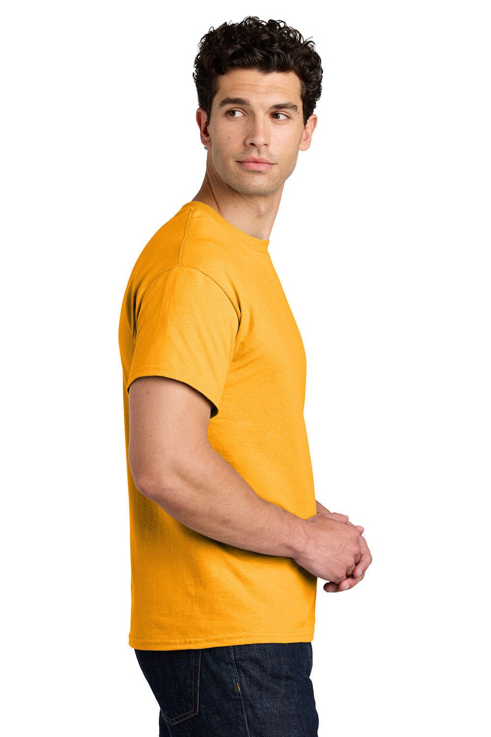 Gildan 5000/G500 Mens Short Sleeve Crewneck T-Shirt Gold Model Side