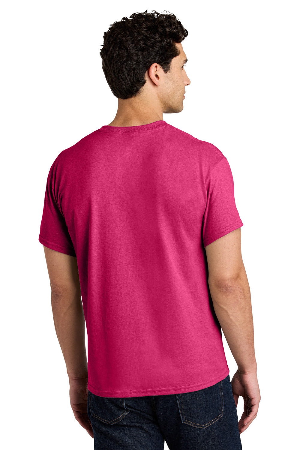 Gildan 5000/G500 Mens Short Sleeve Crewneck T-Shirt Heliconia Pink Model Back