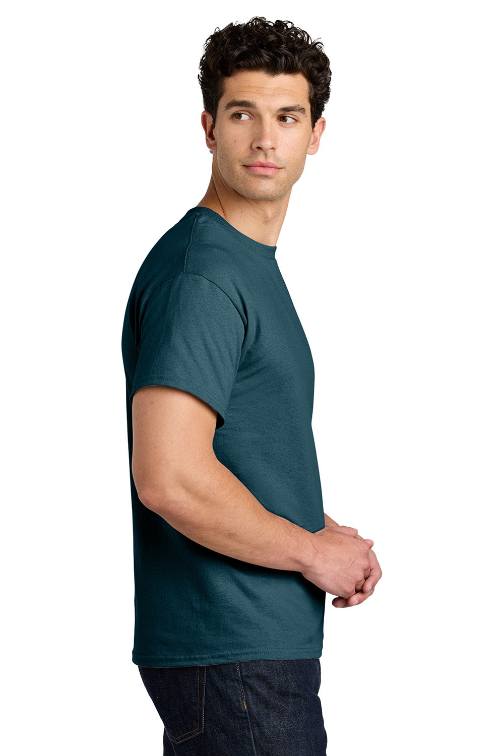 Gildan 5000/G500 Mens Short Sleeve Crewneck T-Shirt Midnight Blue Model Side