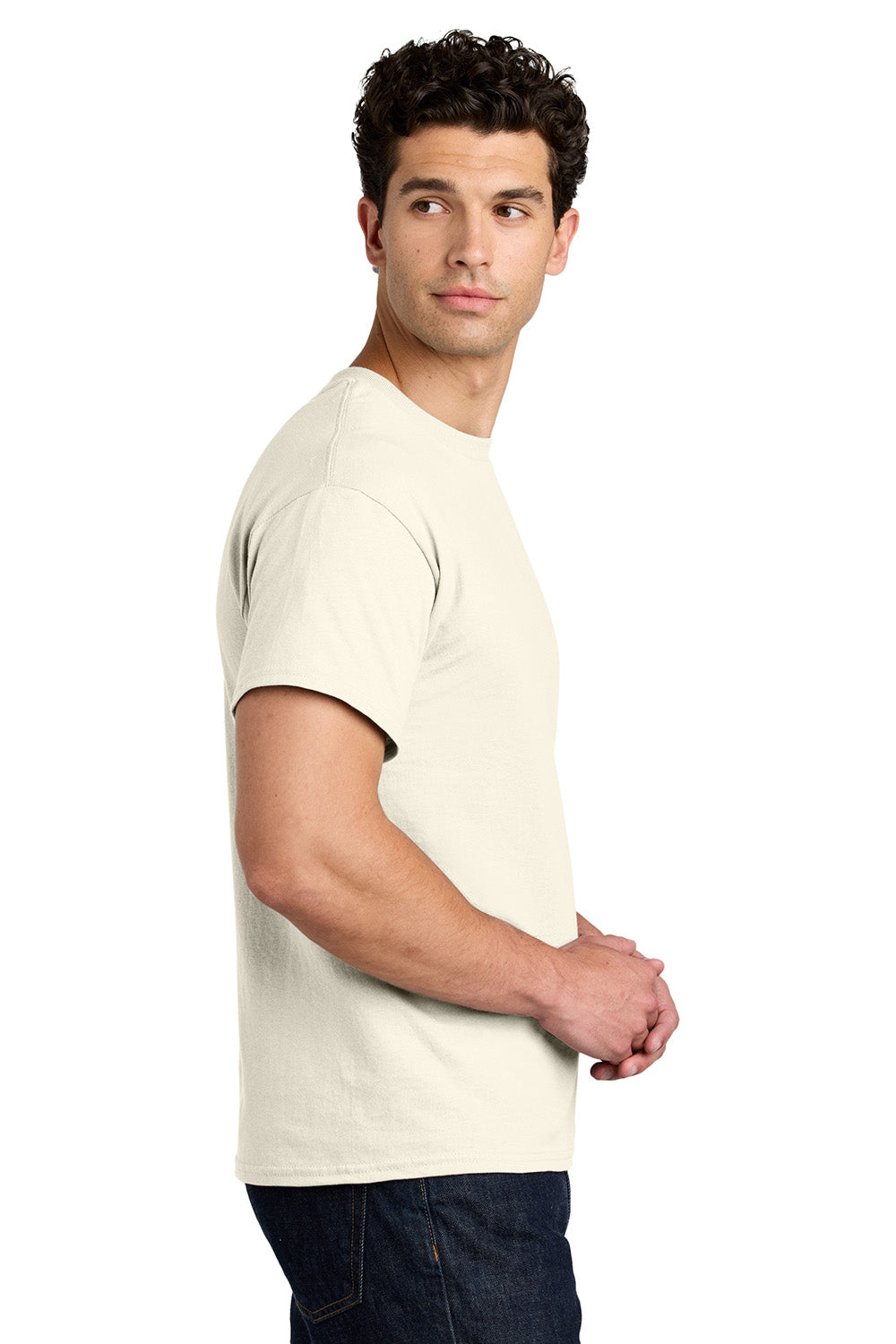 Gildan 5000/G500 Mens Short Sleeve Crewneck T-Shirt Natural Model Side