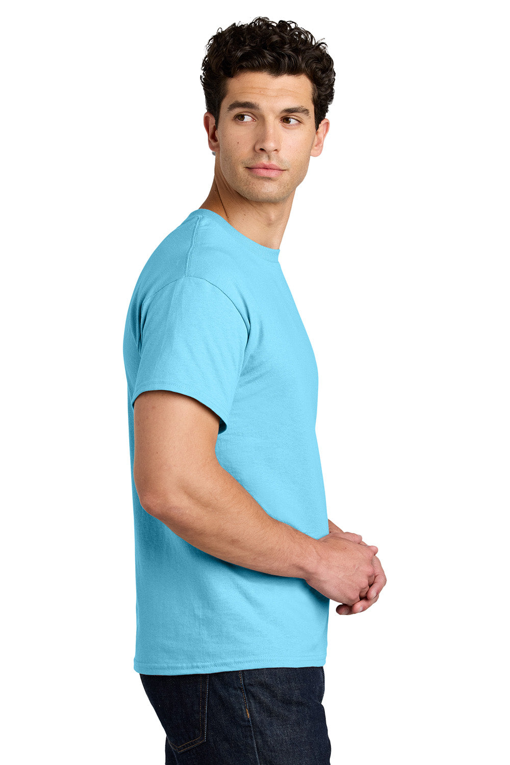 Gildan 5000/G500 Mens Short Sleeve Crewneck T-Shirt Sky Blue Model Side