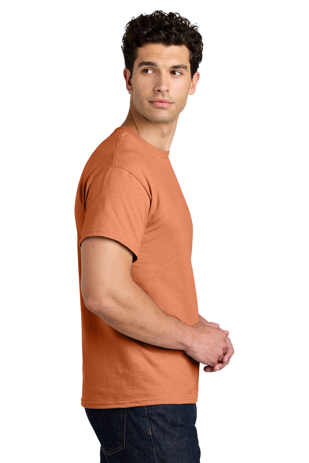 Gildan 5000/G500 Mens Short Sleeve Crewneck T-Shirt Sunset Orange Model Side